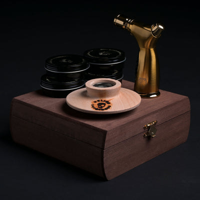 Helius Originals LuxeFume cocktail smoking kit with gold torch and reclaimed wood shavings